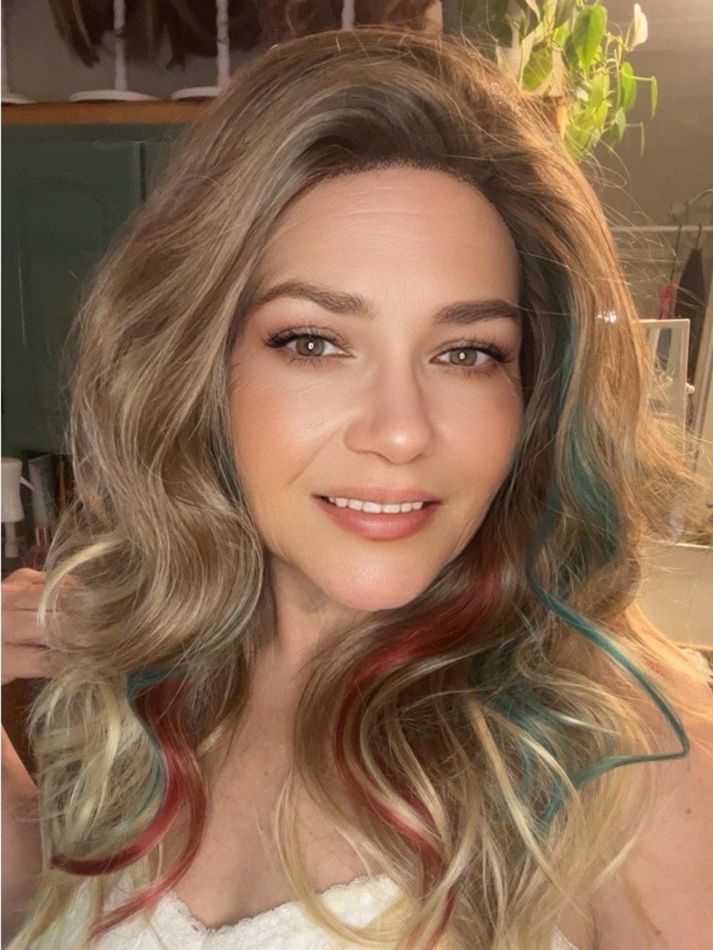Blonde Blonde Wig with green and red accents